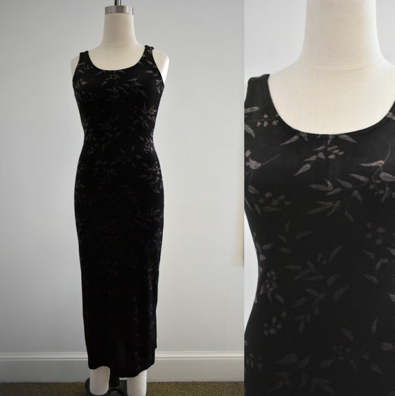 1990s Brown Leaf Print Stretch Velvet Tank Dress - image 1