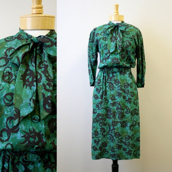 1940s Nelly Don Green Printed Dress