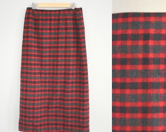 1990s Red Plaid Wool Blend Maxi Skirt