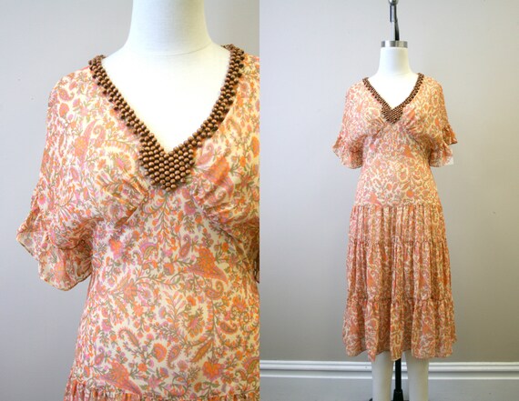 1970s-does-1930s Floral Chiffon Tiered Dress