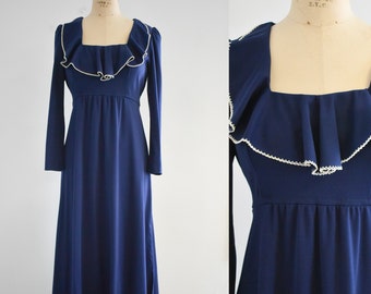 1970s Navy Ruffled Knit Maxi Dress