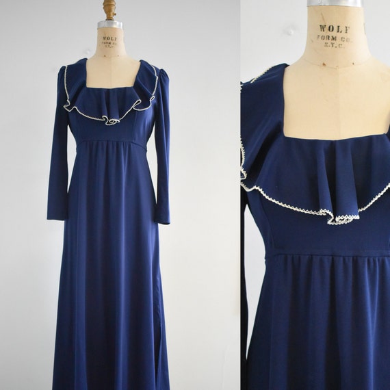 1970s Navy Ruffled Knit Maxi Dress - image 1