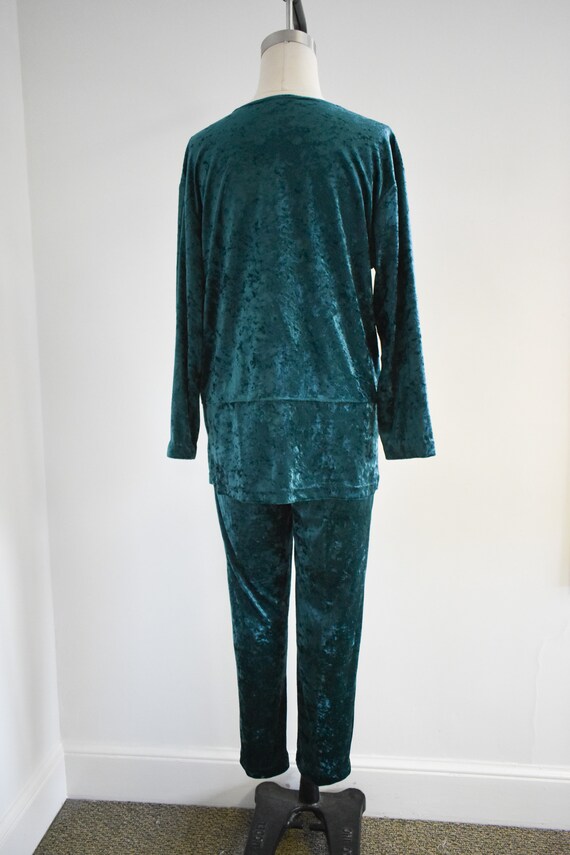 1990s Dark Green Crushed Velvet Tunic and Pants S… - image 5
