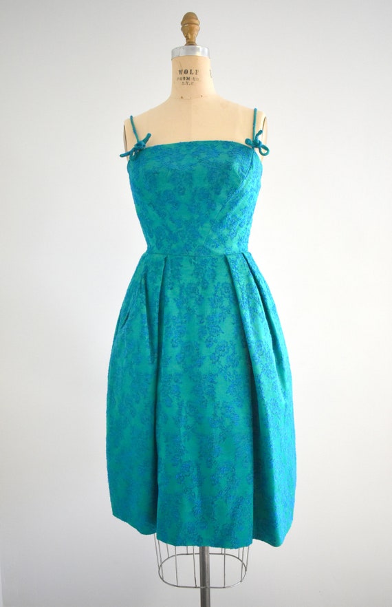 1950s/60s Rappi Green and Blue Brocade Party Dress - image 3