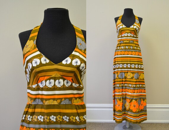 1960s Orange Striped Halter Maxi Dress