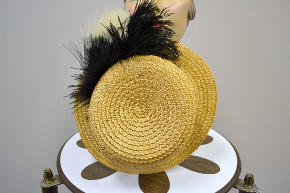 Vintage Straw Hat with Black and White Feathers - image 5