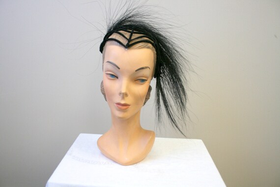 1930s Adrienne Black Spiderweb and Feather Hat