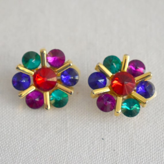 1980s Multi-Colored Rhinestone Clip Earrings