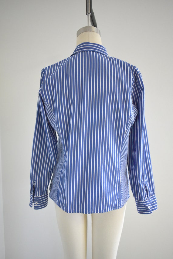 1990s Liz Claiborne Blue Striped Cotton Blouse - image 5