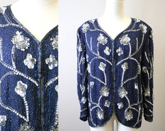 1990s Navy and Silver Sequin and Bead Jacket