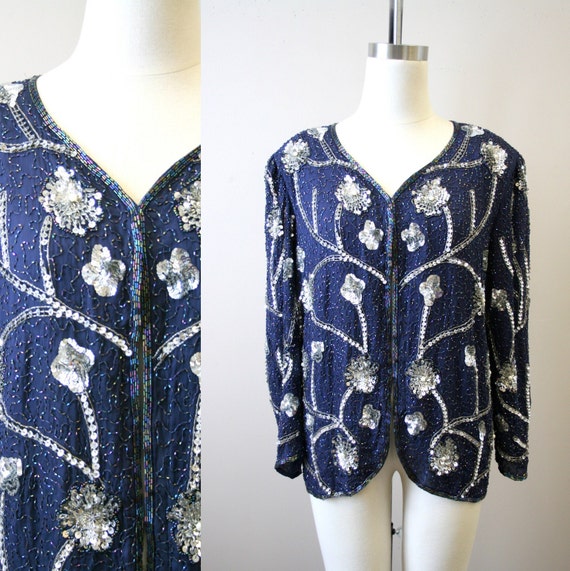 1990s Navy and Silver Sequin and Bead Jacket
