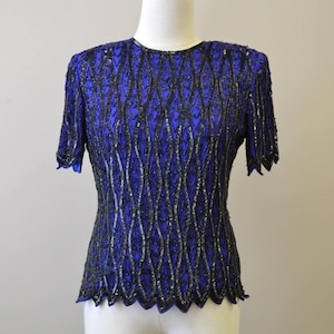 1990s Stenay Blue and Black Beaded Top