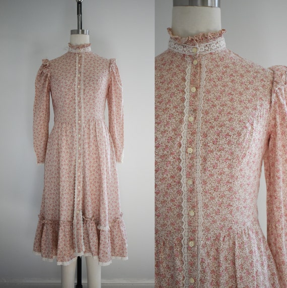 1970s Pink Floral Gunne Sax Midi Dress - image 1