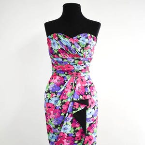 1980s Floral Strapless Cocktail Dress