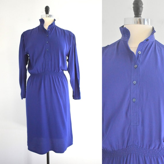 1980s Oleg Cassini Blue Silk Dress