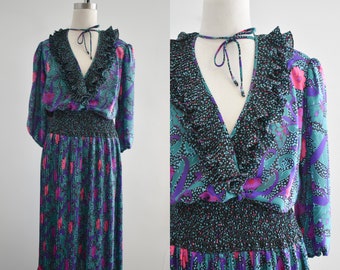 1980s Susan Freis Ruffled Midi Dress