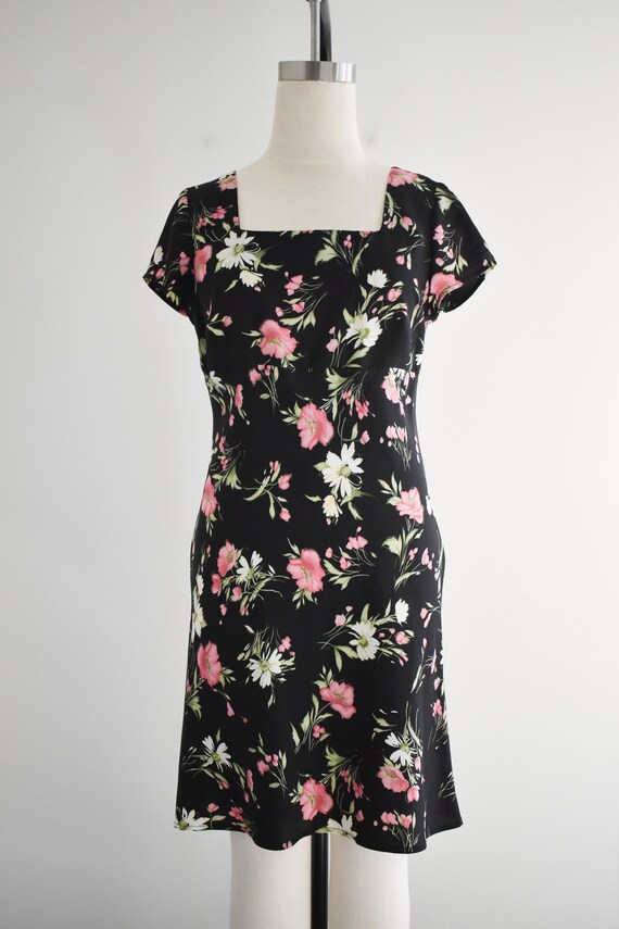 Vintage 90s Black White Floral Mini Bodycon Dress 4 6 XS