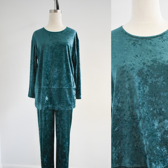 1990s Dark Green Crushed Velvet Tunic and Pants S… - image 1