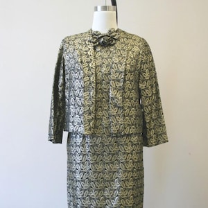 1960s Black and Gold Leaf Brocade Dress and Jacket