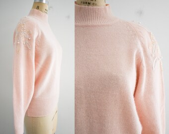 1980s Fuzzy Pink Sweater with Beaded Shoulders