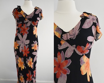 1990s Floral Bias Cut Chiffon Dress