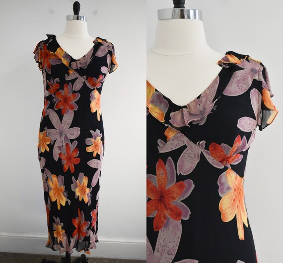 1990s Floral Bias Cut Chiffon Dress - image 1