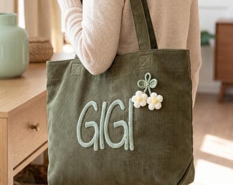 Borsa tote personalizzata Gigi, borsa tote in velluto a coste personalizzata Nana, borsa con il nome della nonna, regalo per la festa della mamma, borsa in filato grosso, regalo dai nipoti