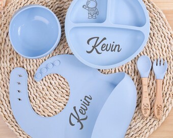 Personalized Silicone Baby Weaning Set,Engraved Silicone Bib,Cartoon Weaning Set for Toddler Baby,Feeding Set with Name,Custom Baby Plate