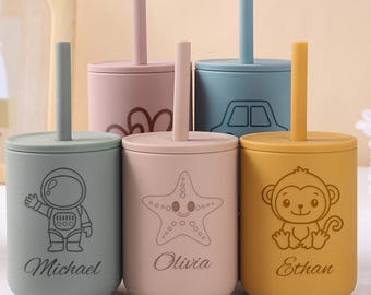 Silicone Baby Cup with Name 7oz, 1st Birthday Gift, Baby Gift, Toddler Silicone Cup 200 ml, Custom Non-Spill Baby Training Cup with Straw
