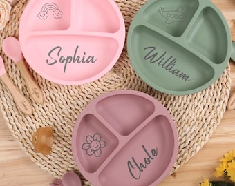 Personalized Silicone Baby Weaning Set,Engraved Silicone Bib,Cartoon Weaning Set for Toddler Baby Kid,Feeding Set with Name,Baby Shower Gift