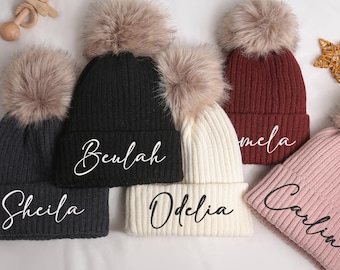 Personalized Family Beanie,Newborn Baby Embroidered Beanie, Monogram Hat with Fur Pom-Pom,Embroidered Beanie Winter Hat,Baby Winter Beanie