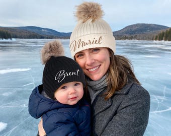 Personalized Embroidered Beanie Winter Hat,Family Personalized Beanie,Monogram Hat with Fur Pom-Pom,Custom Kid Winter Beanie,Christmas Gift