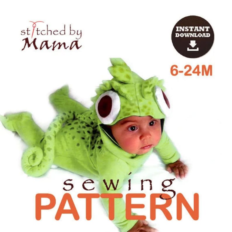 May include: A green chameleon baby costume sewing pattern for infants. The pattern is for sizes 6-24 months. The pattern is available for instant download. The text "stitched by Mama" is in the top left corner of the image. The text "INSTANT DOWNLOAD" is in the top right corner of the image. The text "6-24M" is in the top right corner of the image. The text "sewing pattern" is in the bottom center of the image.