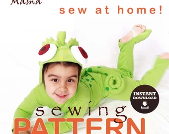 May include: A green and white chameleon costume sewing pattern with the text "sew at home!" and "INSTANT DOWNLOAD".