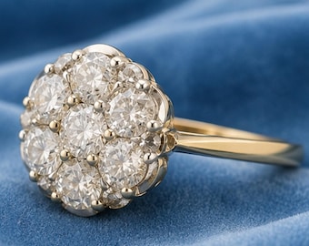 2.00 CT Rundschliff Moissanit Cluster-Verlobungsring, Echt 925 Sterling Silber, 14K Gelbgold überzogen, Brautring, Geschenk für Sie