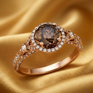 May include: A rose gold ring with a large, round, brown gemstone center, surrounded by a halo of smaller white gemstones. The band and setting are also adorned with small white gemstones, creating a sparkling effect.