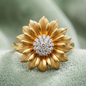 Moissanitblomring, vintage solrosring, 14K gult guldpläterad blommig statementring, bröllopspresent till kvinnor