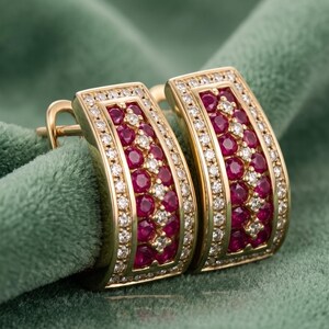 Pendientes vintage Art Déco de rubíes y diamantes, chapados en oro amarillo de 14 quilates, regalo de aniversario, joyería nupcial, elegantes pendientes de piedras preciosas rojas.