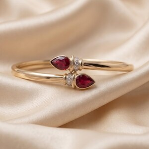 Vintage Pear Ruby Diamond Bypass Bangle Bracelet, 2.64 CTW Red Gemstone Jewelry, 14K Yellow Gold Flexible Cuff, Christmas Gift