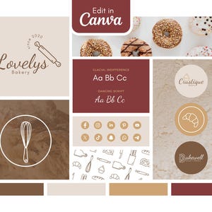 Op de afbeelding: Een designboard met een bakkerijthema met logo's, social media-iconen en donuts. Het logo "Lovelys Bakery" toont een deegroller. Andere logo's zijn "Crustique" en "Bakewell". Het kleurenpalet omvat bruin, beige en bordeaux.