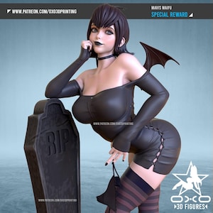 May include: A 3D-printed figure of a woman in a black dress, leaning against a tombstone. The figure has dark hair, pale skin, and is wearing a choker and thigh-high striped stockings. The text "MAVIS WAIFU SPECIAL REWARD" is visible.