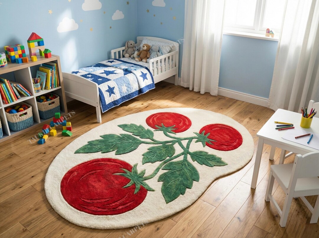 Tomatillo Rugs Hand Tufted Organic Shape Rug, Handmade Wool Fruit Tomato Red & Green ...