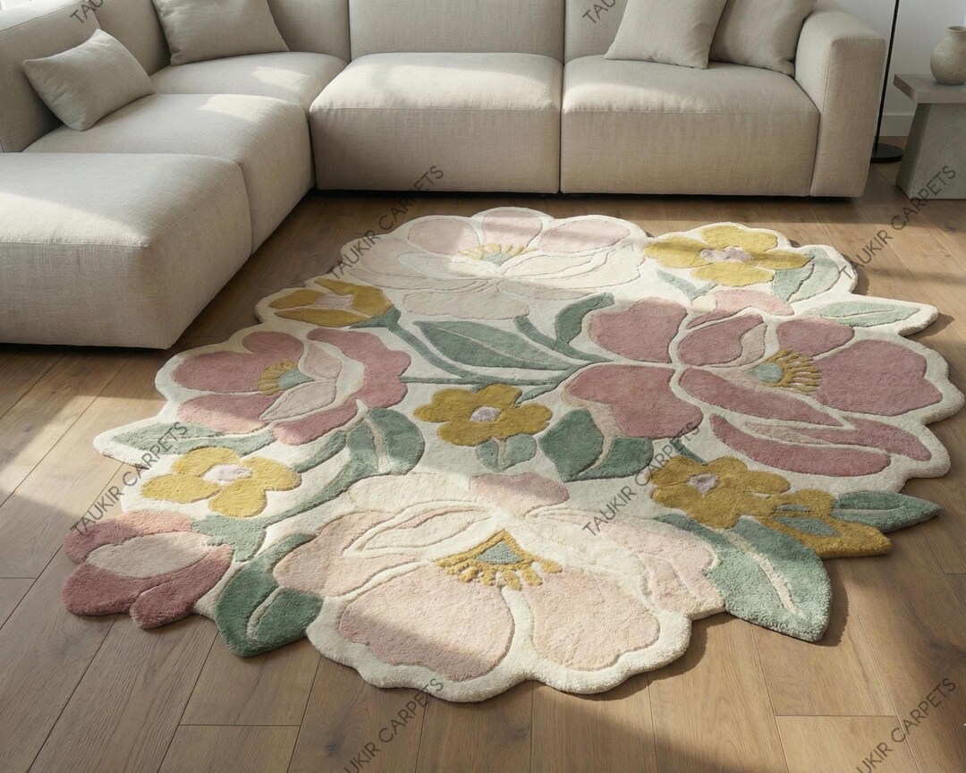 Temu Pink Rug With Flower Hand Tufted Wool Flower Rug | Blush Pink Floral Carpet - Etsy