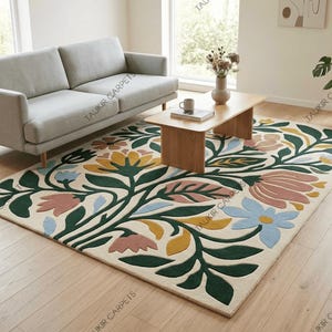 Hand Tufted Wool Botanical Floral Area Rug – Modern Living Room Teppich