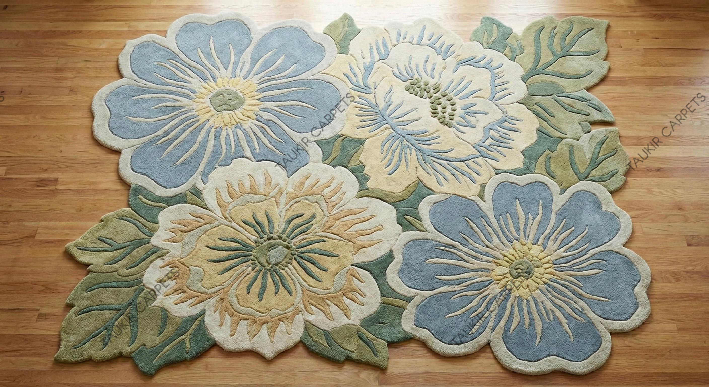 Flower Shaped Hand Tufted Rug, Blue Green Botanical Area Carpet - Etsy