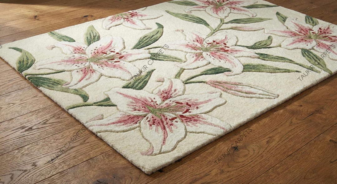 Lily Rug Hand Tufted Floral Lily Rug, Cream Botanical Wool Carpet Living Room ...