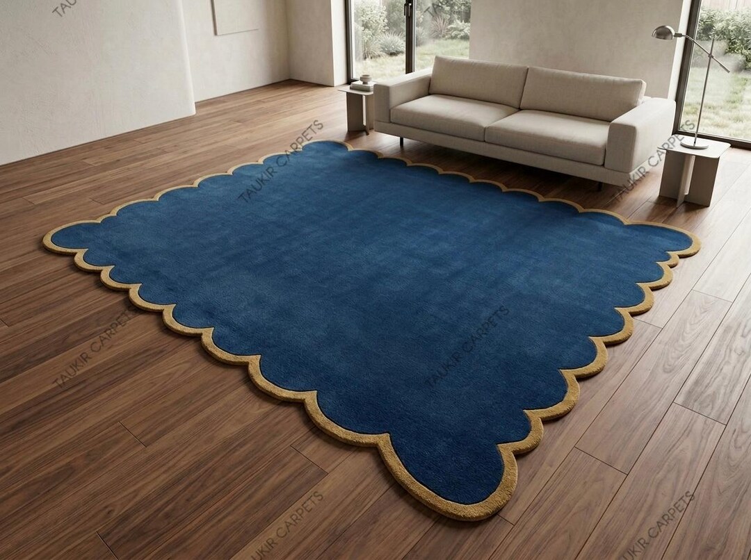 Scalloped Edge Blue Hand Tufted Wool Area Rug, Modern Living Room Rug ...