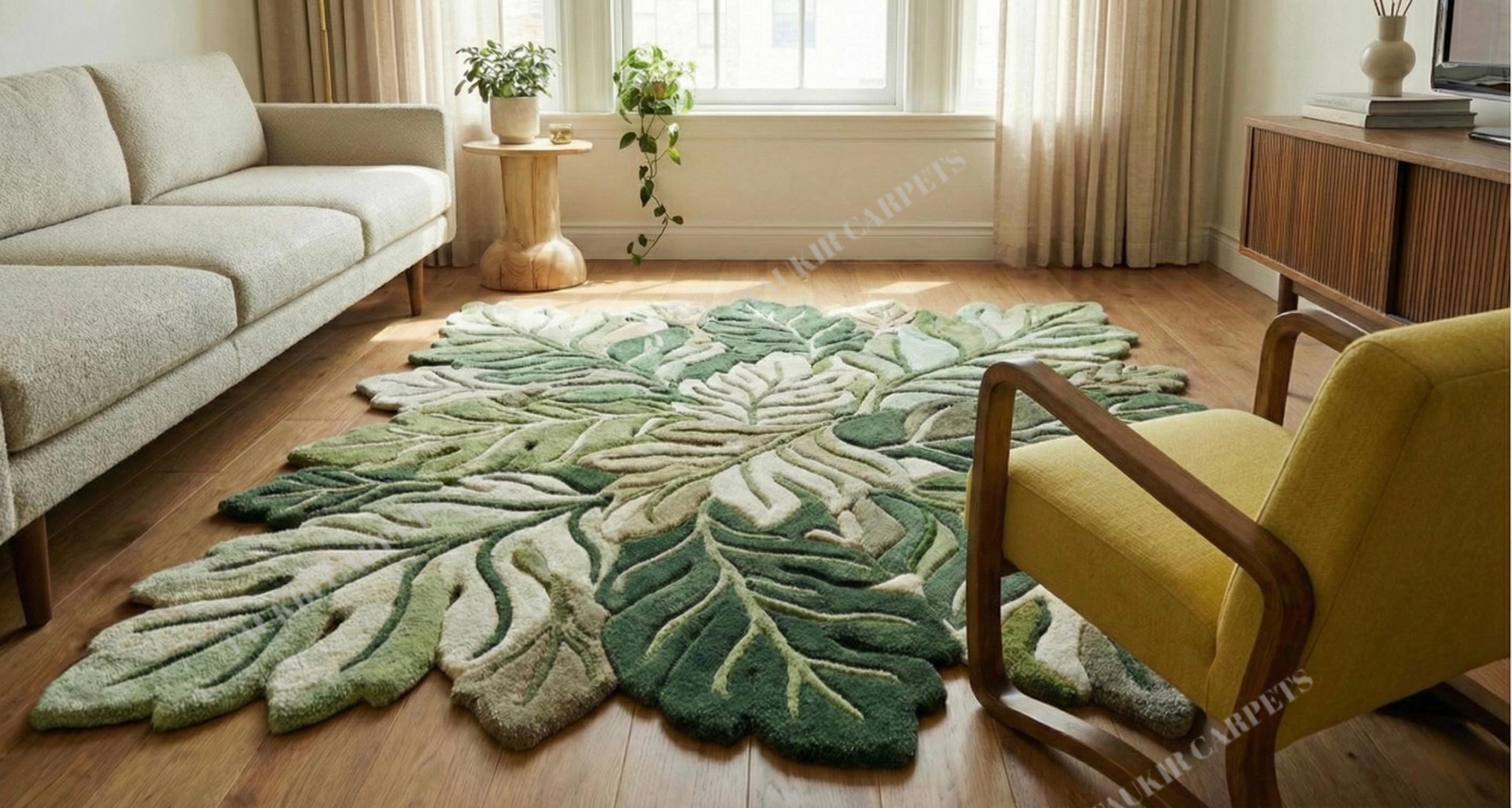 Olive Green Irregular Shaped Rug | Monstera Leaf Tufted Rug