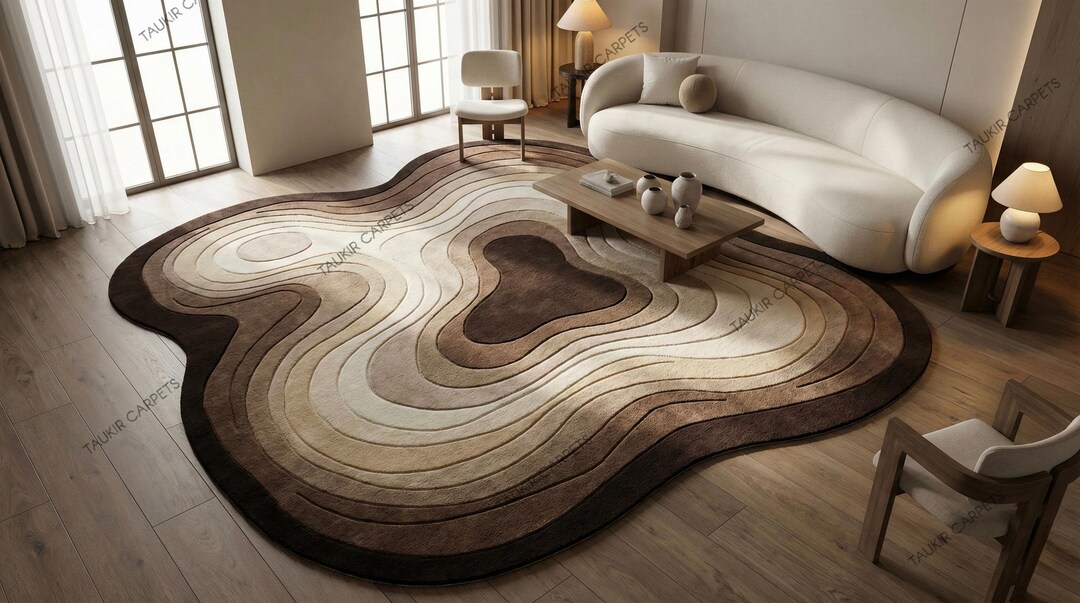 Organic Abstract Brown Area Rug | Irregular Shape Hand Tufted Wool ...