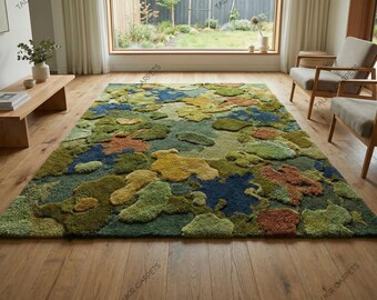 Dywan 3D Moss Forest Floor, pikowany, ręcznie robiony, zielono-niebiesko-biały, geometryczny